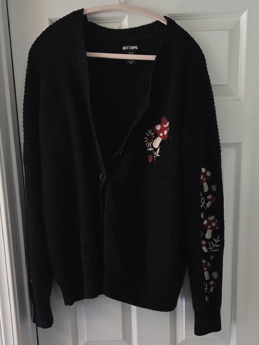 Hot Topic Black Cardigan with Red and White Mushroom Embroidery